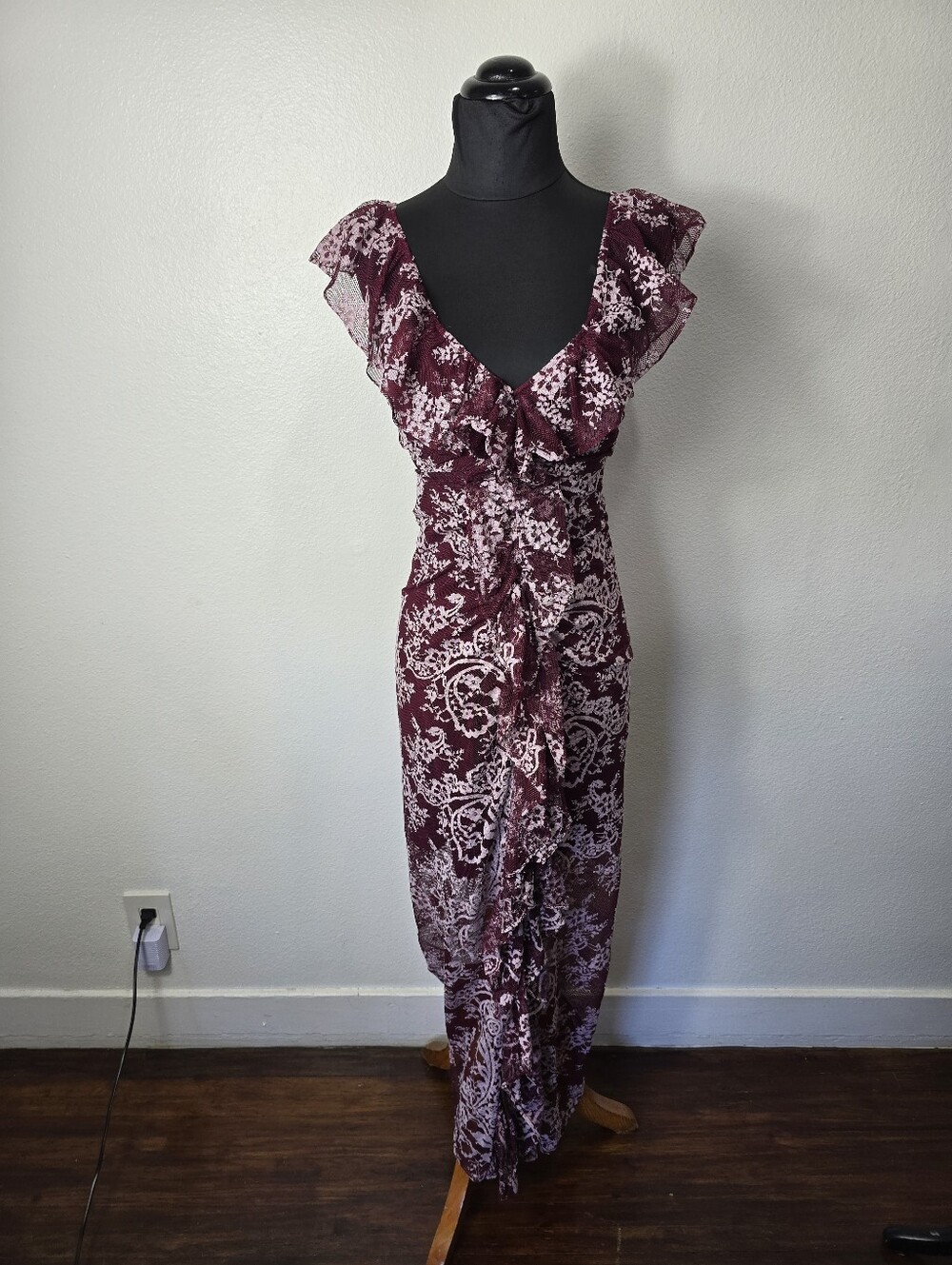 Wayf Burgundy Floral Ruffle Maxi Dress